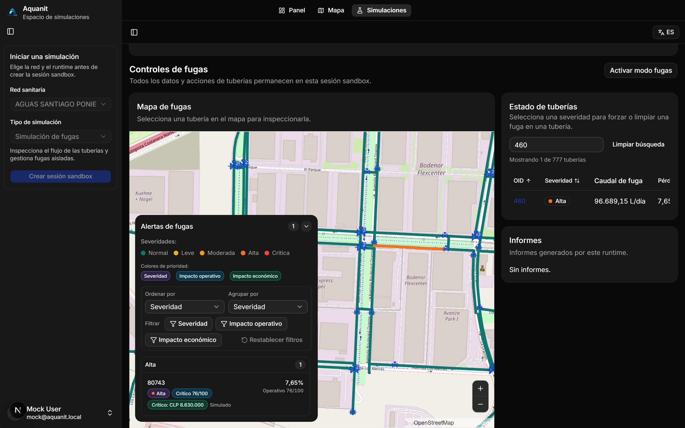 Simulador de fugas con controles para forzar una fuga y revisar sus efectos.